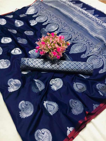 Attractive Look Blue Color Banarsi Silk Fabric Saree with Blouse