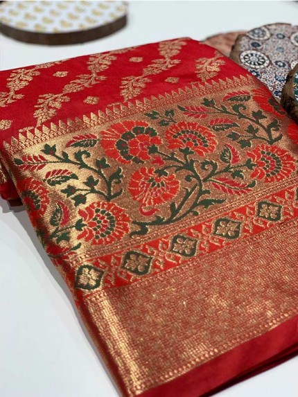 Stylish Look Red  Colour Soft STon Banarasi Silk Geometric Designer Saree