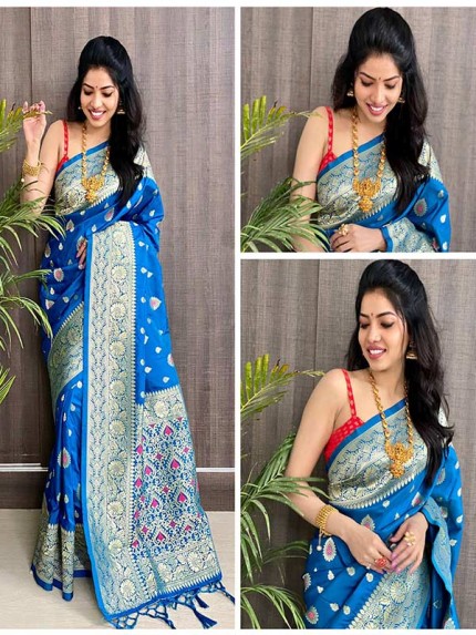 Wedding Season Blue Colour Pure Silk With Pure Zari Weaving Roasted Rani  Saree