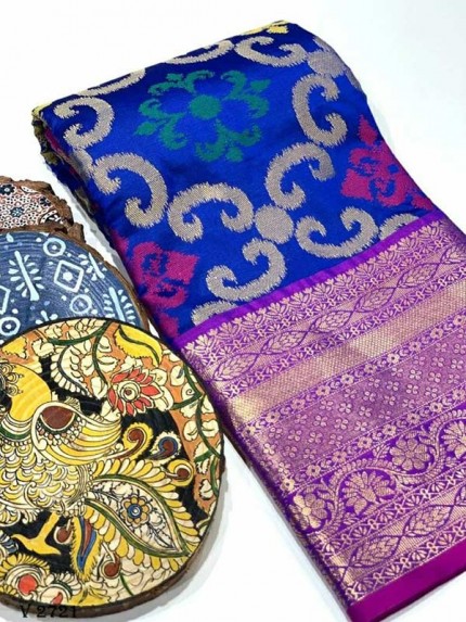 Stylish Look Blue Colour Soft Banarasi Handloom Ikkat Weaving Silk Saree