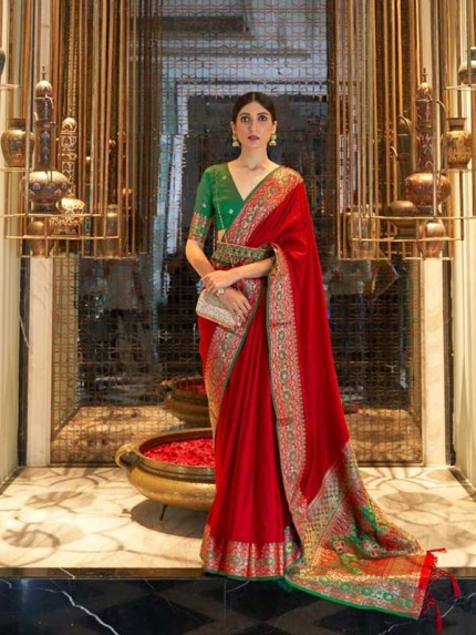 Attractive Look Red Colour Gala Tessar Silk Saree