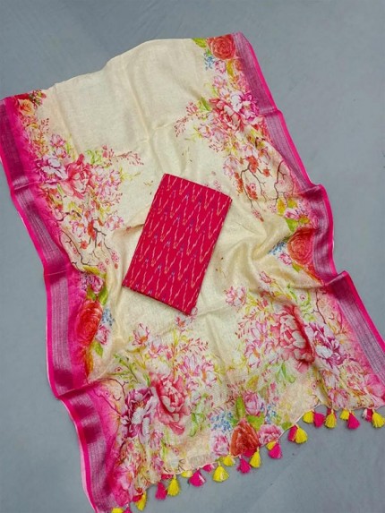 New Designer Linen Latkan Printed Saree with Silver Jari Patta