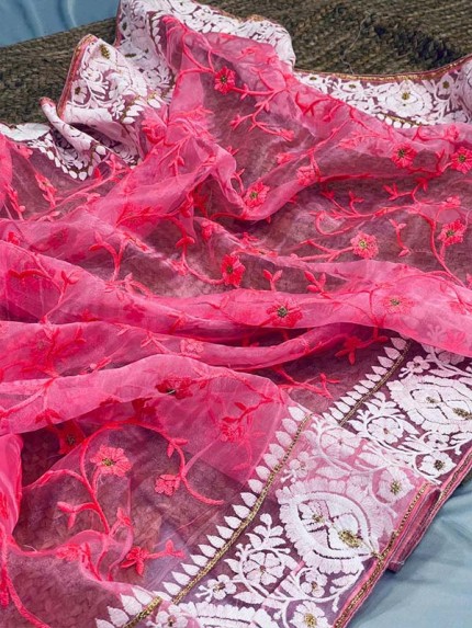 Latest Designer Organza Silk Saree with jall work in body and border of chikankari work
