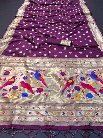 Eye-Catching Look Paithni Silk Saree with silver weaving border & Rich Pallu
