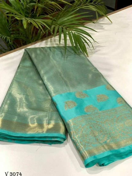 Stylish Look Firozi Colour Soft Tissue Kasab  Pattu Exclusive Edition Designer Saree