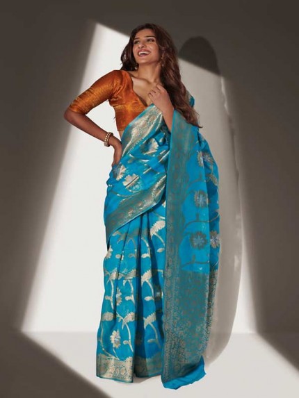 Stylish Look SkyBlue Colour Soft Banarasi Organza Weaving with Contrast Hand dyed Banglory Blouse