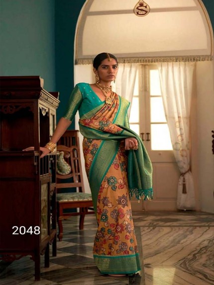 Soft Tusser Silk  With Beautiful Kalamkari Print  & Contrast Blouse