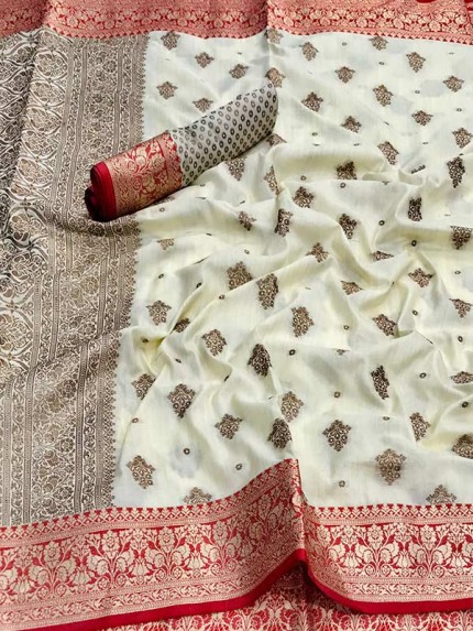 White Colour Tussar Silk weaving Saree