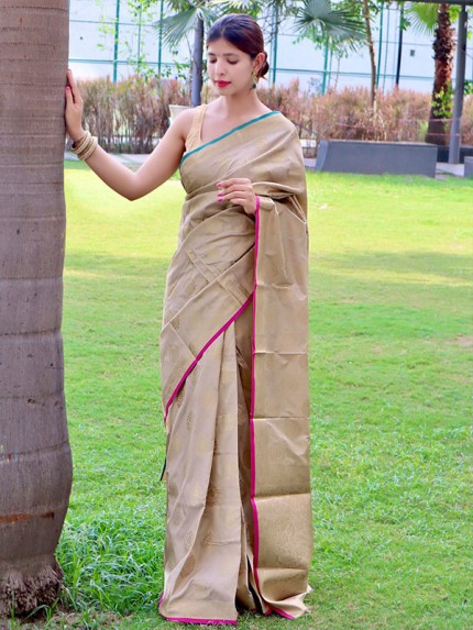 Elegant Look Two tone Soft Saree with golden Zari Weaving Border