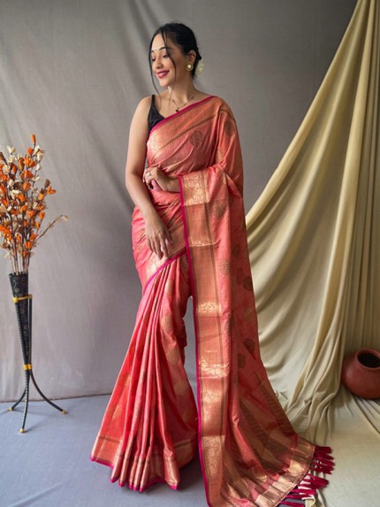 Stylish Soft Cotton Linen Saree with Copper & Gold Zari Motifs