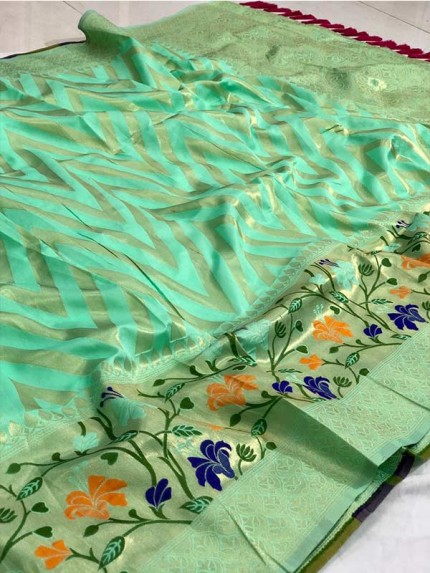 Wedding Look Pista  color Pure Jacquard Fabrics With Resham Zari Work Saree