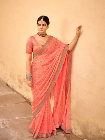 Peach  Georgett Embroidery Border With Embroidery Blouse Saree