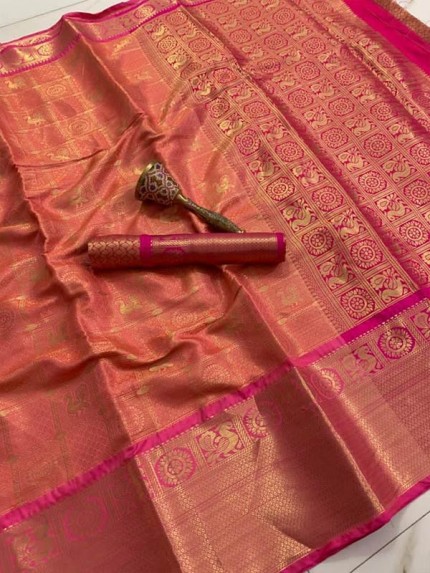 Gorgeous Kanchipuram Handloom Weaving Silk Saree with Rich Contrast Zari Wooven Pallu