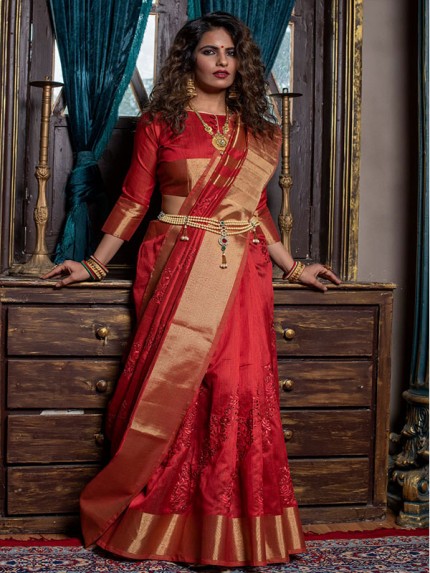 Stunning Look Mysore Silk weaving Saree with Zari Ikkat Woven Pallu with Embroidered Jal Cut work AllOver