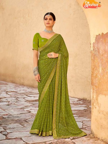 Green Georgett Embroidery Border With Embroidery Blouse Saree