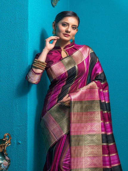 Classic Look Tussar Silk Saree with unique zari weaves pallu & Bishnoi broad Border