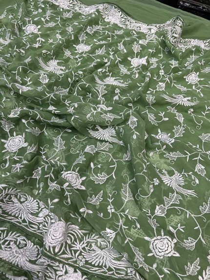 Latest Designer Georgette Chikankari Embroidery work Saree with floral work Pallu