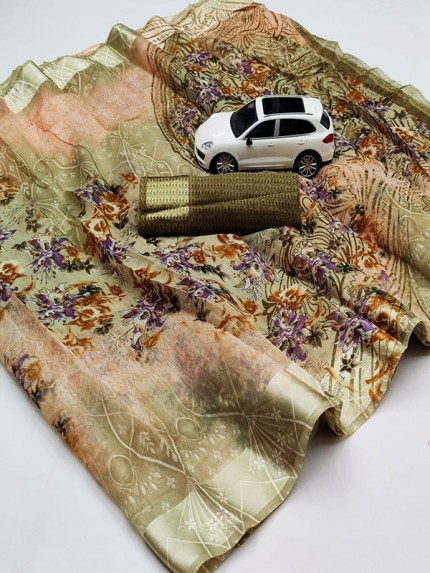 Finnest Look Cotton Linen Printed Saree with Satin Patta