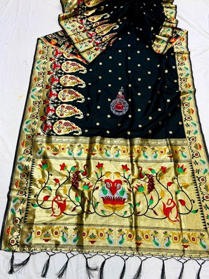 Gorgeous Look Black Paithani Silk Saree with Jacquard weaving border
