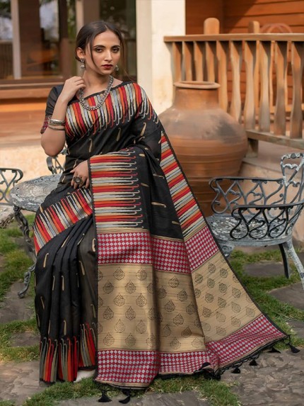 New Designer Tussar Silk weaving Saree with ikkat woven Border