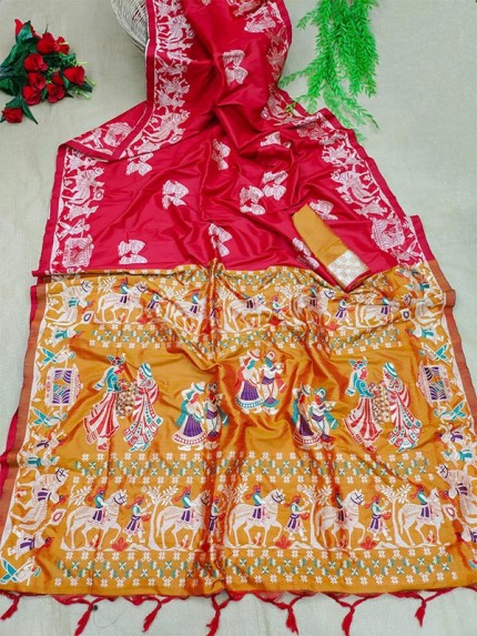 Soft Raw Silk Two Tone Weaving saree with Antique Design with Exclusive woven Pallu