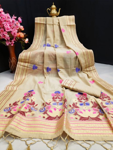 Attractive Look Pure Linen Saree with colorful Pallu and Zari Woven border