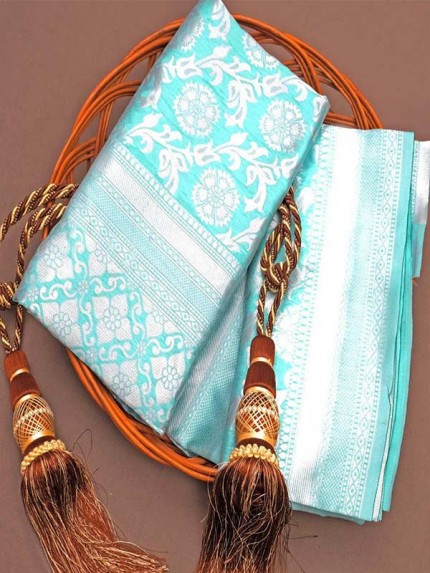 Stunning Look Cyan Soft Lichi Silk With Beautiful Rich Pallu Saree
